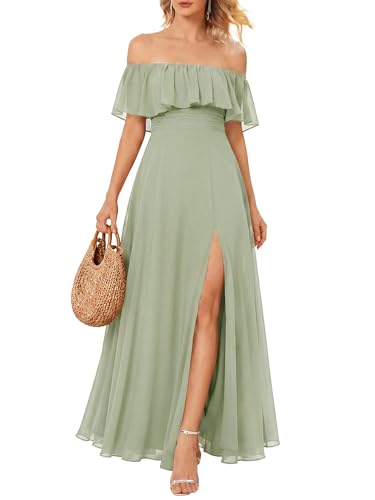 Ever-Pretty Women's Summer Off The Shoulder Flowy Chiffon Formal Wedding Guest Dresses Maxi Side Split Beach Bridesmaid Dress Mint Green US12