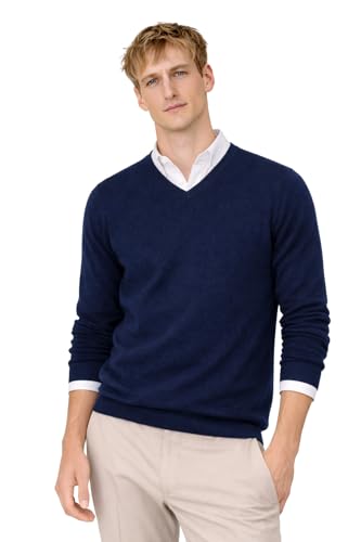State Cashmere Men's Essential V-Neck Sweater 100% Pure Cashmere Classic Long Sleeve Pullover (Navy, Large)