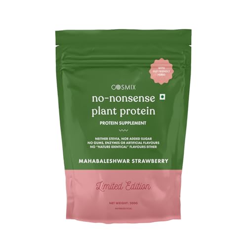 Image of Cosmix No-Nonsense Plant Protein | 23 Protein /Serve, 500g Pouch | Mahabaleshwar Strawberry | Plant Based Protein, Pea & Rice Isolate | Clean, Easy to Digest | All Essential Amino Acids