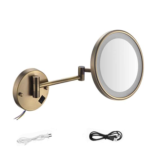KRODEAIR Makeup Mirror Wall Mounted, 10x Magnifying Vanity Mirror with Lights,Swivel Extendable Vanity Mirror for Bathroom,Hardwired, Brass