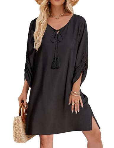 Image of Zeagoo Womens Boho Dresses Casual Beach Summer Dress Tassel Tie Neck 3 /4 Long Sleeve Mini Sundress 2026 Floral Print Cover Up