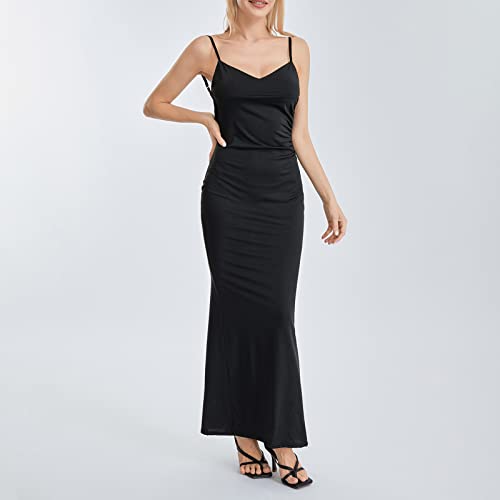 Image of Owl's-Yard Women Bodycon Long Dress Solid Color Spaghetti Strap Cocktail Dress Summer Party Backless Sling Dress