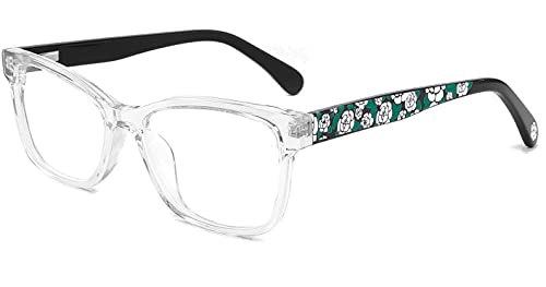Circleperson Eyeglasses for women Acetate glasses Rectangle Spring hinges Floral designer on temple (Clear/Black, Demo lenses-Clear)