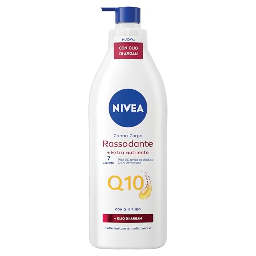 NIVEA Q10 Crema Corpo Rassodante + Extra Nutriente 400 ml, Crema rassodante corpo con Coenzima Q10 Puro e Olio di Argan 100% organico, Crema idratante corpo 72h per pelle matura e molto secca