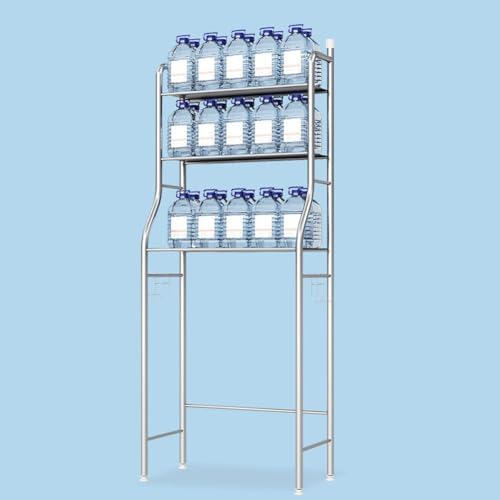 3-Tier Over The Toilet Storage, Freestanding Metal Bathroom Shelves, Above Toilet Storage Rack with Hooks and Paper Holder, Space-Saving, for Bathroom Restroom Laundry, Stainless Steel