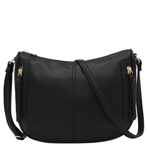 FashionPuzzle Faux Leather Two Front Zipper Pocket Crossbody Saddle Bag (Black-A)