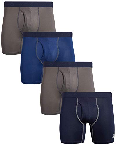 Reebok Men's Boxer Briefs - 4 Pack Soft Performance Boxers for Men with Fly Pouch - Quick Dry Active Mens Underwear Pack S-XL, Size Large, Blue/Grey/Navy/Grey