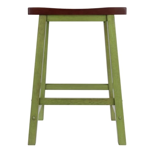 Image of Winsome Satori Saddle Seat 24In Counter Stool Rustic Green and Walnut Finish