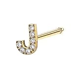 Zynova 20G CZ Initial Letter Nose Rings Studs Gold Surgical Steel Cubic Zirconia Paved Straight Bar Nose Rings Studs Nose&Cartilage Piercing Jewelry for Women (J)