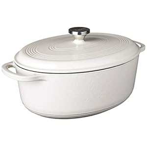 Lodge 7 Quart Enameled Cast Iron Oval Dutch Oven with Lid – Dual Handles – Oven Safe up to 500° F or on Stovetop – Use to Marinate, Cook, Bake, Refrigerate and Serve – Oyster White