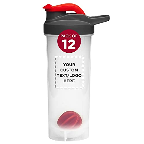 Custom Protein Shaker Bottle: Personalize Your Fitness Hydration Today 4 DISCOUNT PROMOS Custom Plastic Shaker Bottles with Mixer 24 oz. Set of 12, Personalized Bulk Pack - Perfect for Protein Shake, Smoothie and More! - Red