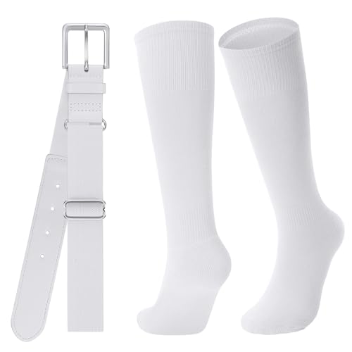JASGOOD Baseball Socks and Belt for Youth Adult Softball Socks and Belt Combo Elastic Belt for Men White