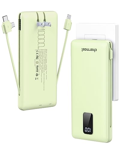 Charmast Portable Charger with Built-in Cables and AC Wall Plug, 10000mAh Ultra Slim Power Bank, External Battery Pack, Travel Accessories Compatible with iPhone 14/13, Samsung Galaxy, etc