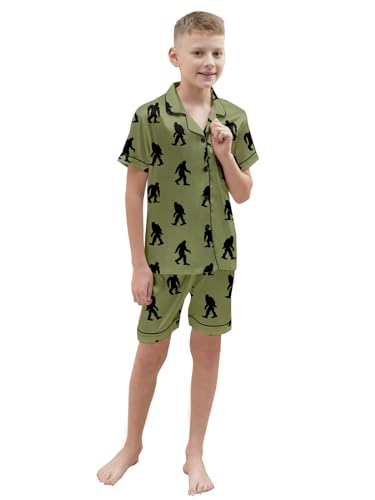 Schbbbta Boys Silk Pajamas Set Button Down Short Sleeve 2 Piece Sleepwear, Orangutan Green, 11-12 Years = Tag 1602