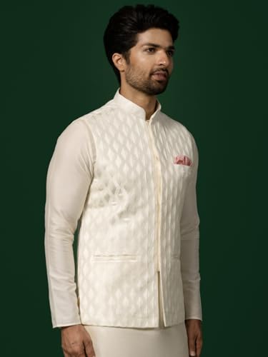 Mens Nehru Jacket, Silk Blend Jacquard White Waistcoat for Men3