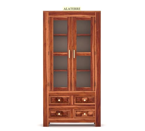 Image of Wood Book Shelf with Glass Door, Wooden Bookshelf for Home Library, Kitchen Crockery Cabinet, Study Room Furniture, Books Rack, Book Stand, Wooden Bookcases,Honey Finish