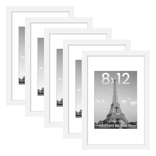 Image of upsimples 8x12 Picture Frame Set of 5, Display Pictures 6x8 with Mat or 8 x 12 Without, Wall Gallery Photo Frames, White
