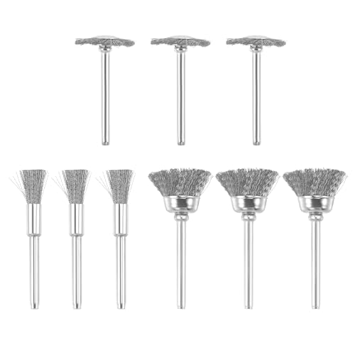Image of uxcell Wire Brushes Wheels Stainless Steel Pen-Shape Bowl-Shape T-Shape Kit Accessories for Rotary Tools 9pcs