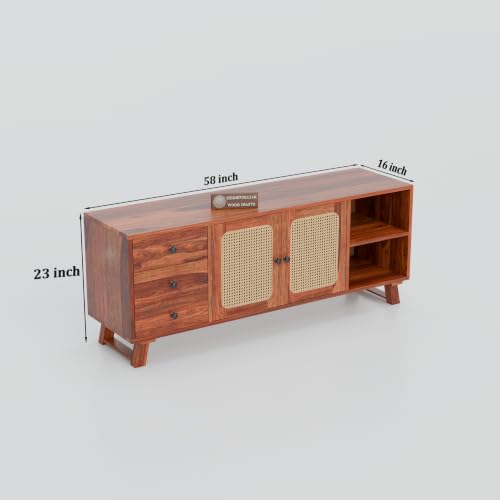 Image of Solid Wood TV Entertainment Unit with 3 Drawers, 2 Cane Doors & Open Storage Shelf | Wooden TV Stand & Media Console Cabinet for Living Room | Mid-Century Modern Television Cabinet | Walnut Finish