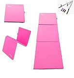 Pro-Gymnastics Tri-Fold Folding Exercise Mat - 2' Thick, 6' x 2' - Gymnastics, Yoga, Aerobics, MMA - Includes 3 Bar Leg Stretcher - Pink