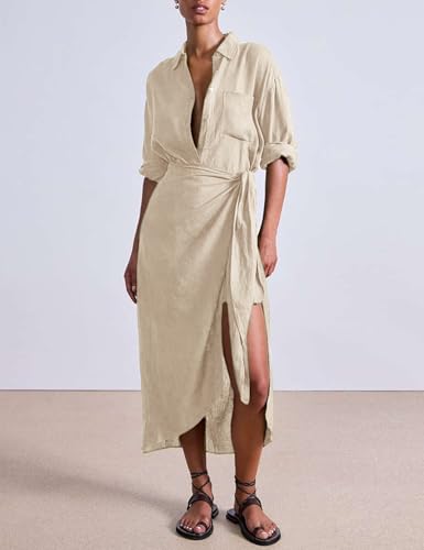 Yeokou Women Cotton Linen Wrap Shirt Maxi Dress Button Down Long Sleeve Lapel Asym Slit Hem Sundress4