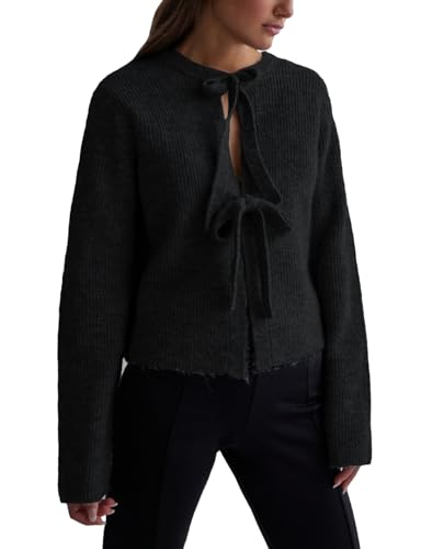 Image of Womens Cropped Ribbed Knit Cardigan Long Sleeve Bow Tie Front Open Front Knitwear Tops