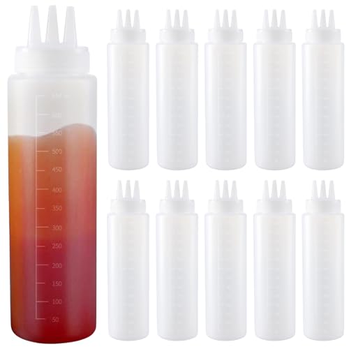 JEUIHAU 10 PCS 3 Hole Squeeze Sauce Bottle, 21.6oz/650ml Plastic Squeeze Condiment Bottles Sauce Bottle Dispenser with Measurement for Ketchup, Dressing, BBQ, Sauce, Mustard, Salad