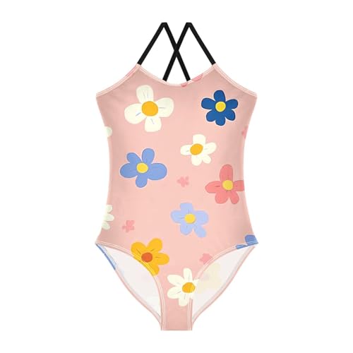 Bolaz Girls Swimsuits One-Piece Bathing Suits Multicolor Kids Sport Summer Beach Swimwear for 3-10 Years Old-Flowers Pink Background Pattern