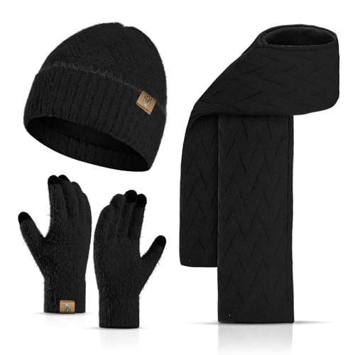 Winter Knit Hat Beanie Scarf for Women with Touch Screen Gloves Set Skull Caps Pompom Hat Neck Scarves for Men