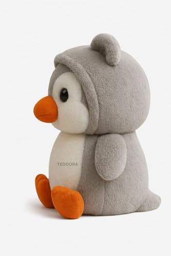 Image of Hoddie Penguin Soft Toy for Girls Boys Kids, Grey, Animal Plush Stuffed Baby Teddy Gift Birthday, 23 cm