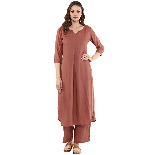 idaLia Rayon Solid Straight Brown Kurta Set for Women with Palazzo 3/4 Sleeve, Round V Neck Designer Kurta with Palazzo Pant Set
