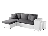 Fabrication Européenne Loungitude - Canapé d\'angle réversible convertible avec coffre et 2 poufs en microfibre et simili - Blanc/Gris - 3 + 2 Places