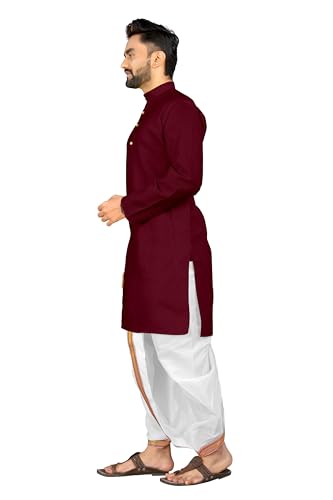 Image of UNIQUE MOMENTS Men's Cotton Dhoti Kurta Set with Full Sleeves Solid Pattern Modern Style and Mandarin Collar Neck | Perfect for Puja & Celebrations