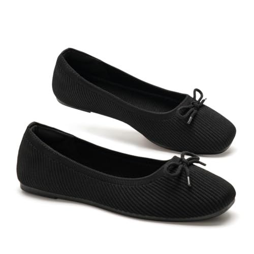 GLAMORA Ballerines Femme avec Nœud, Chaussures Plates Souples à Enfiler, Dessus Textile Côtelé, Bout Carré Arrondi, Semelle Plate Légère, Confort Quotidien