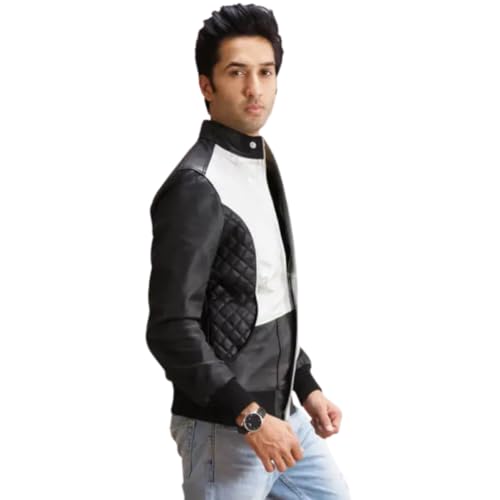 Stylish Two-Tone Leather Jacket, Black and White, Modern Bomber Style with Contrast Panels, Casual Wear4