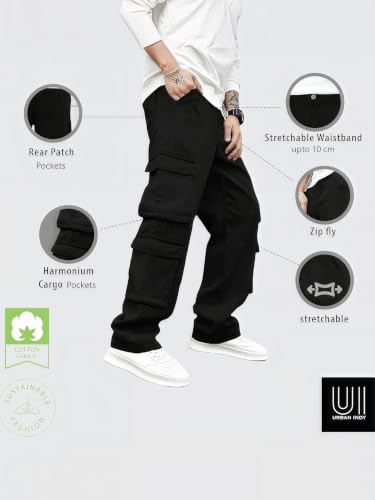 Image of Men's 8 Pocket Cargo Pants | Premium Cotton Twill Baggy Fit Trousers | Stretchable Casual Streetwear Cargos | Mid Rise