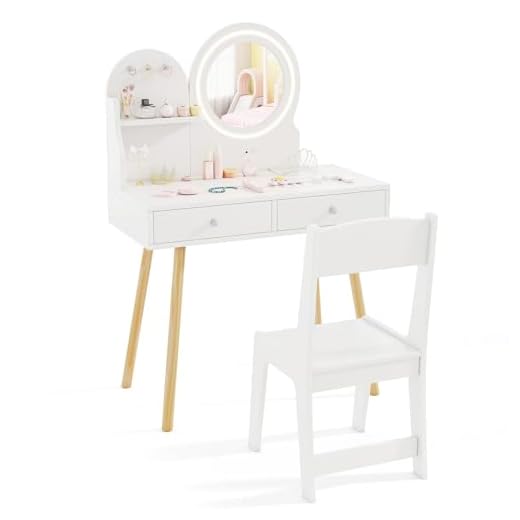COSTWAY Kinder Schminktisch mit Beleuchtung, 2 in 1 Frisiertisch mit Spiegel, 2 Schubladen, Ablage & 3 Haken, Schminkkommode aus Holz für Mädchen ab 3 Jahren (Weiß)