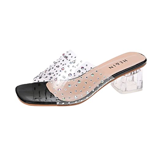 Sandalias para mujer con tacón, tacones altos, zapatos de tacón, sexy, transparente, para boda, fiesta, playa, verano, sandalias de cristal, tallas 37-42, Negro , 42 EU