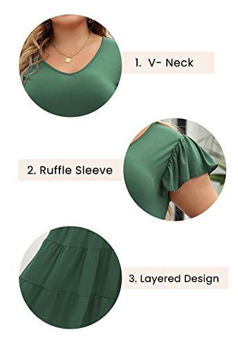 Image of Celkuser Womens Plus Size Summer Casual Midi Dress Short Ruffle Sleeve Tiered Empire Waist T-Shirt Dress with Pockets
