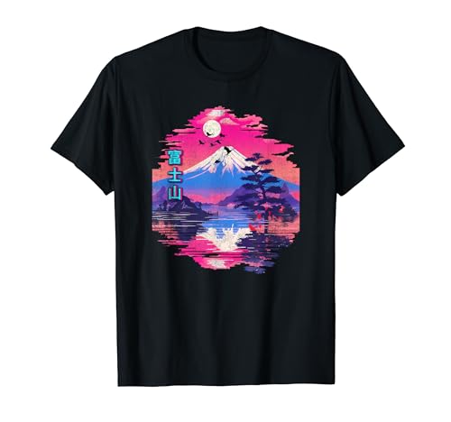 Monte Fuji Giappone Uccelli Volanti Distressed Vaporwave Cyberpunk Maglietta