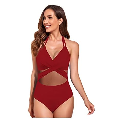 Jokejojack Women's One Piece Swimsuits Retro Tummy Control Bathing Suits lace one-Piece Swimsuit, Burgundy, Medium Cover