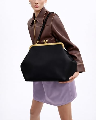 Image of Slouchy Kiss Lock Crossbody Bags Women Crescent KissLock Cross Body Hobo Shoulder Purses Kiss Clasp Hobo Handbags Wallet
