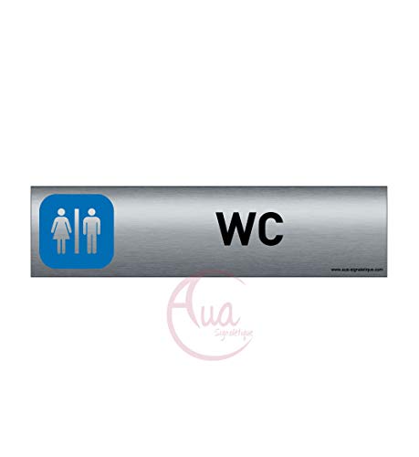 AUA SIGNALETIQUE - Plaque de porte Aluminium brossé imprimé AluSign - 200x50 mm - Double Face adhésif au dos - Impression UV directement sur l'aluminium (Pas de contre collage) (WC H/F)