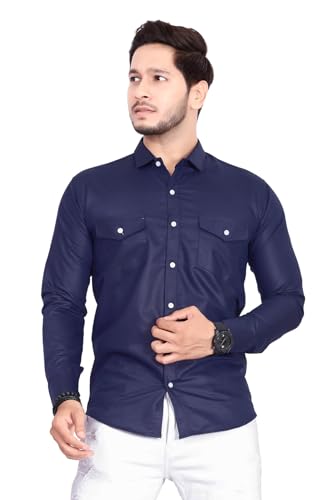 Image of Men's Cotton Spread Collar Full Sleeve Regular Fit Solid Casual Shirt with Double Pockets - Stylish Comfortable Shirt for Everyday Wear