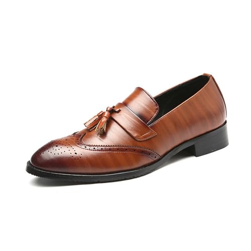 Men's Leather Tassel Wingtip Loafers Classic Brogue Comfortable Block Heel Slip-On Penny Loafers for Business Office Formal Weeding Dress Shoes