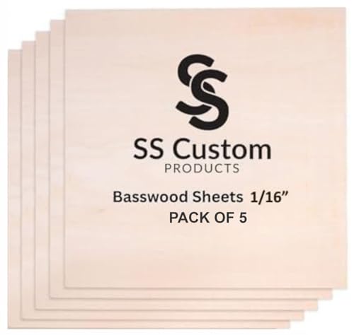 Basswood Sheets for Crafts - 5 Pack - 12 x 12 x 1/16 Inch - 1.5mm Thick Plywood Sheets with Smooth Surfaces - Bass Wood for Laser Cutting Wood Burning Architectural Models Staining Drawing