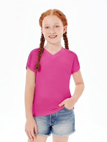Image of Haloumoning Girls V Neck T-Shirts Kids Summer Swiss Dot Short Sleeve Tops Cute Fashion Tees 5-14 Years