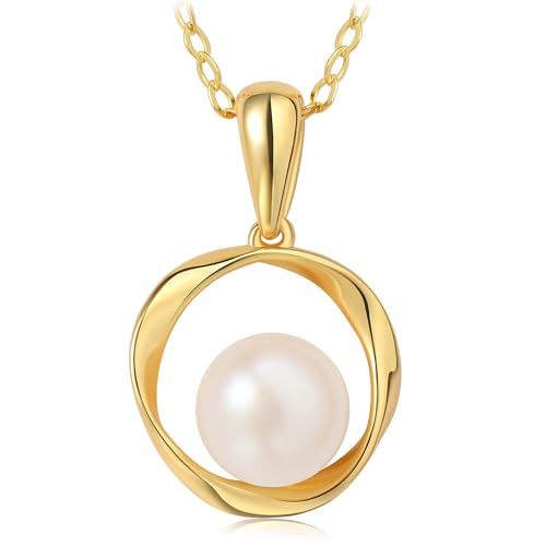 Love Eternal Mobius Ring 5mm Button Shape Freshwater White Pearl Necklace 925 Sterling Silver 14K Yellow Gold Plated Pendant for Women With 18 Inches Chain Birthstone Wedding Trendy Party
