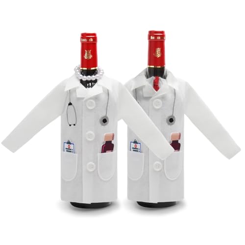 2PCS Weißen Kittel Weinverpackungsabdeckung Filz Weinflaschen Verpackung Schutz Weinflaschenhülle mit Spritze Thermometer Halskette Krawatte Lustig Geschenk für Arzt Krankenschwester Medizinstudenten