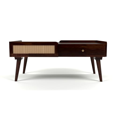 Image of Solid Sheesham Wood Coffee Table for Living Room | Centre Table with Storage Drawer & Cane Work | Modern Wooden Table for Home Office | 40.5x22x18 Inch | Walnut Finish